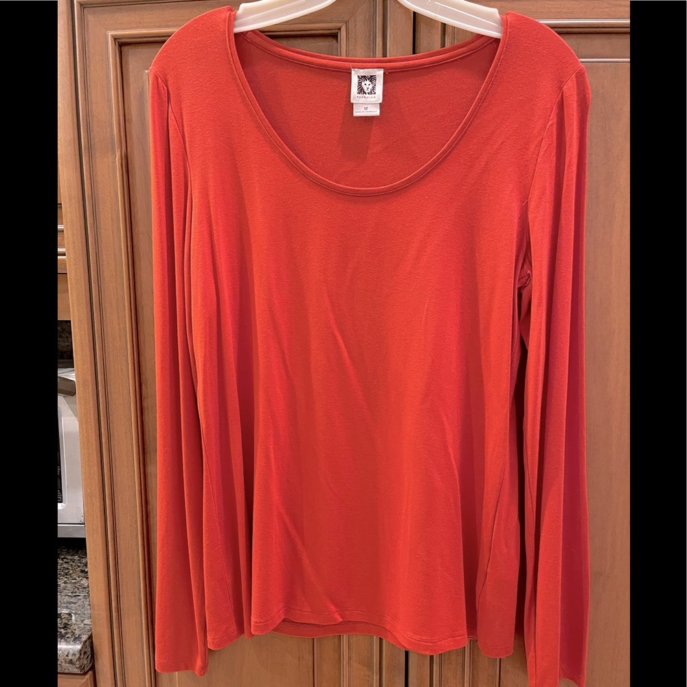 ANNE KLEIN Round Neck Long Sleeve Tee Top Deep Orange 94% Rayon/6% Spandex